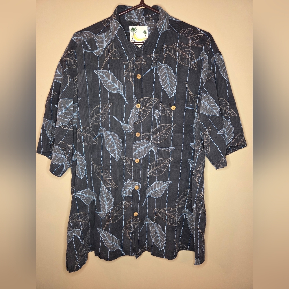 Banana Cabana Men's XL HAWAIIAN Button Down 100% Silk Black With Leaf Pattern